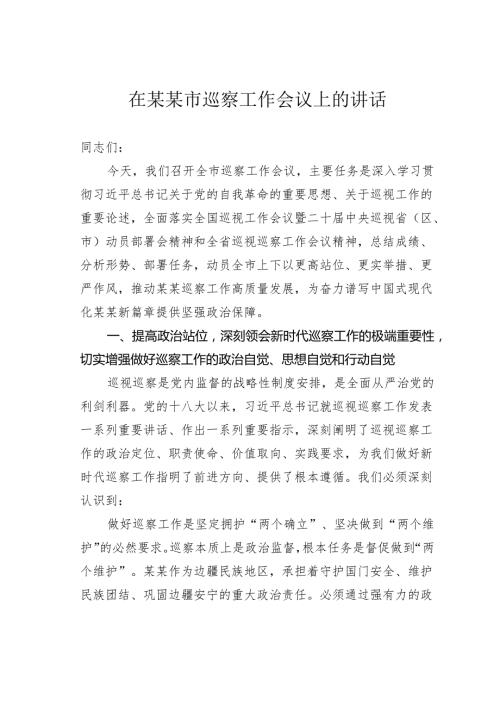 在某某市巡察工作会议上的讲话.docx