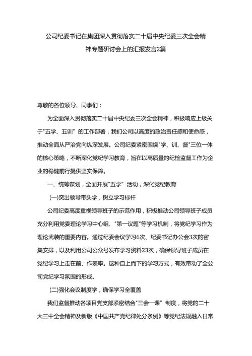 公司纪委书记在集团深入贯彻落实二十中央纪委三次全会精神专题研讨会上的汇报发言2篇.docx