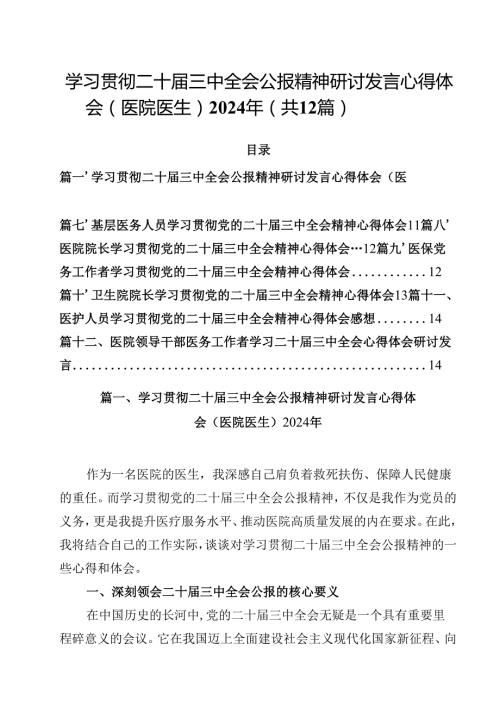 学习贯彻二十三中全会公报精神研讨发言心得体会（医院医生）2024年（共12篇）.docx