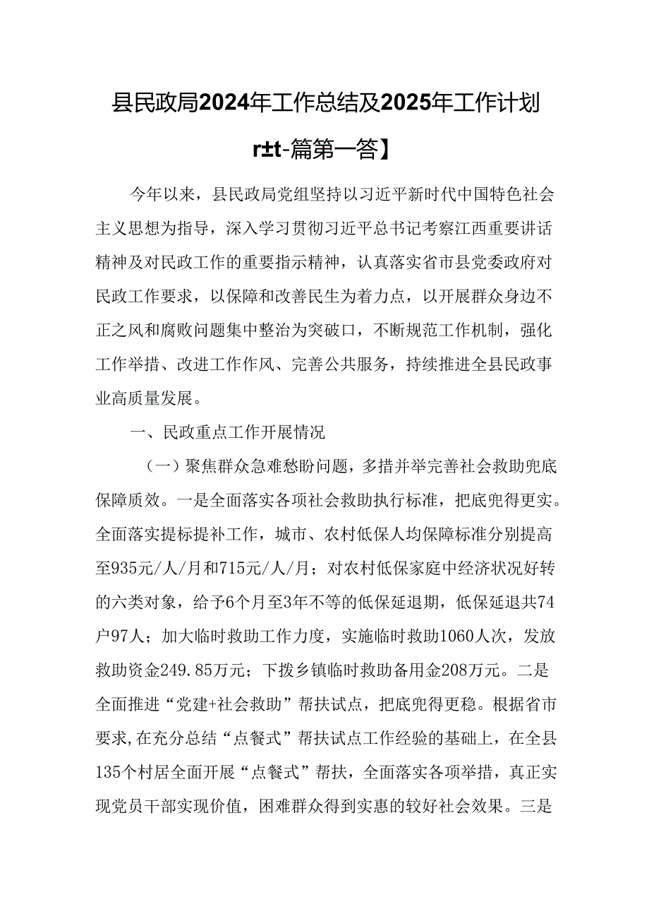 （2篇）县民政局2024年工作总结及2025年工作计划.docx_第1页