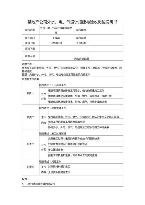 某地产公司外水、电、气设计报建与验收岗位说明书.docx