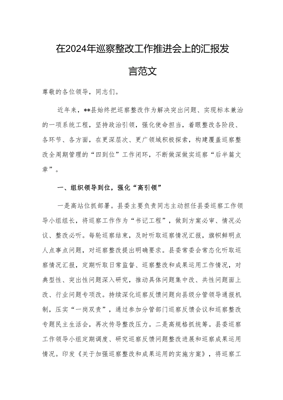 在2024年巡察整改工作推进会上的汇报发言范文.docx_第1页