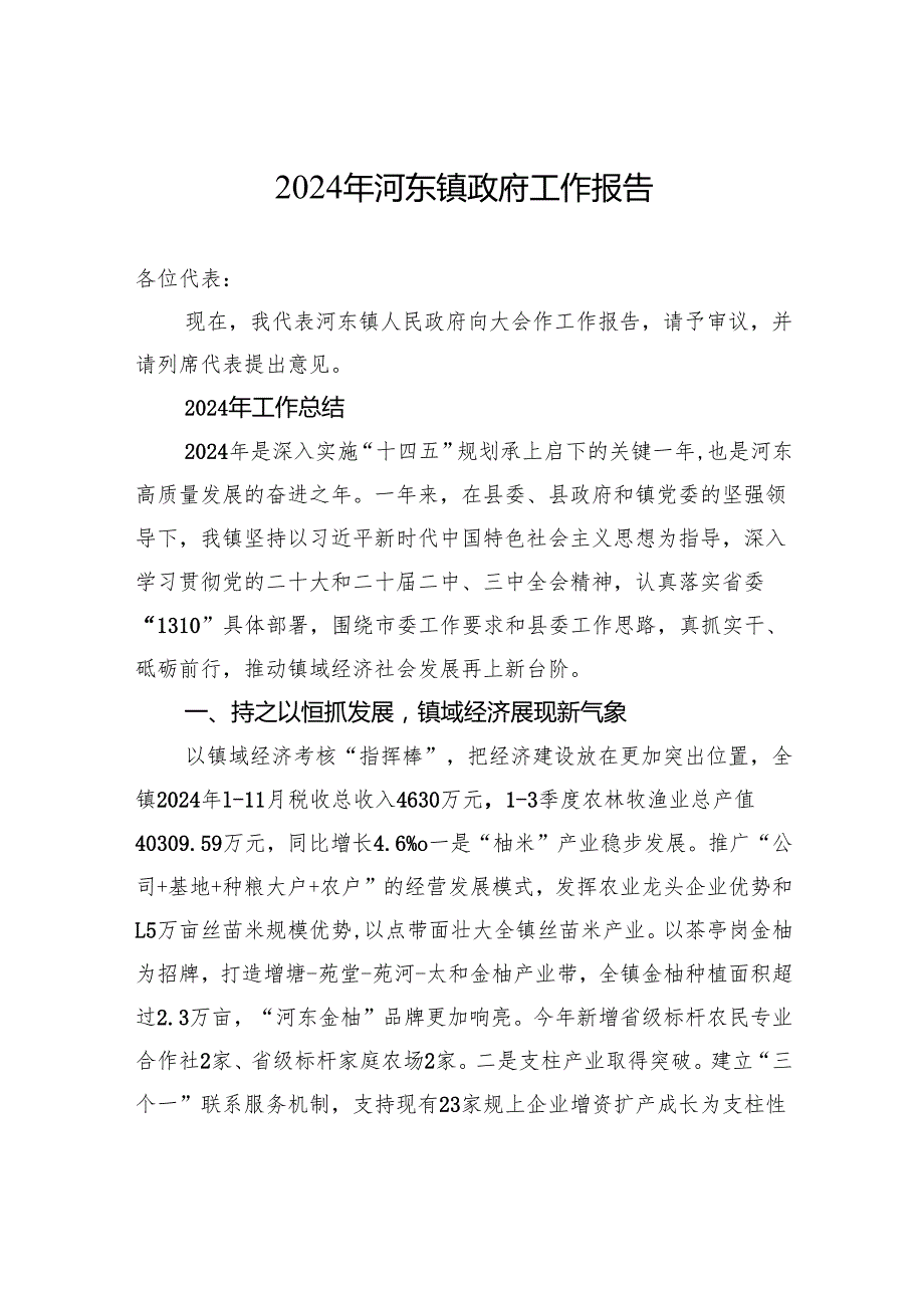 2024年河东镇政府工作报告（20241222）.docx_第1页