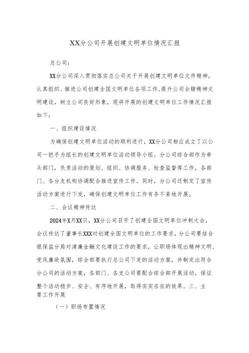XX分公司开展创建文明单位情况汇报(1).docx