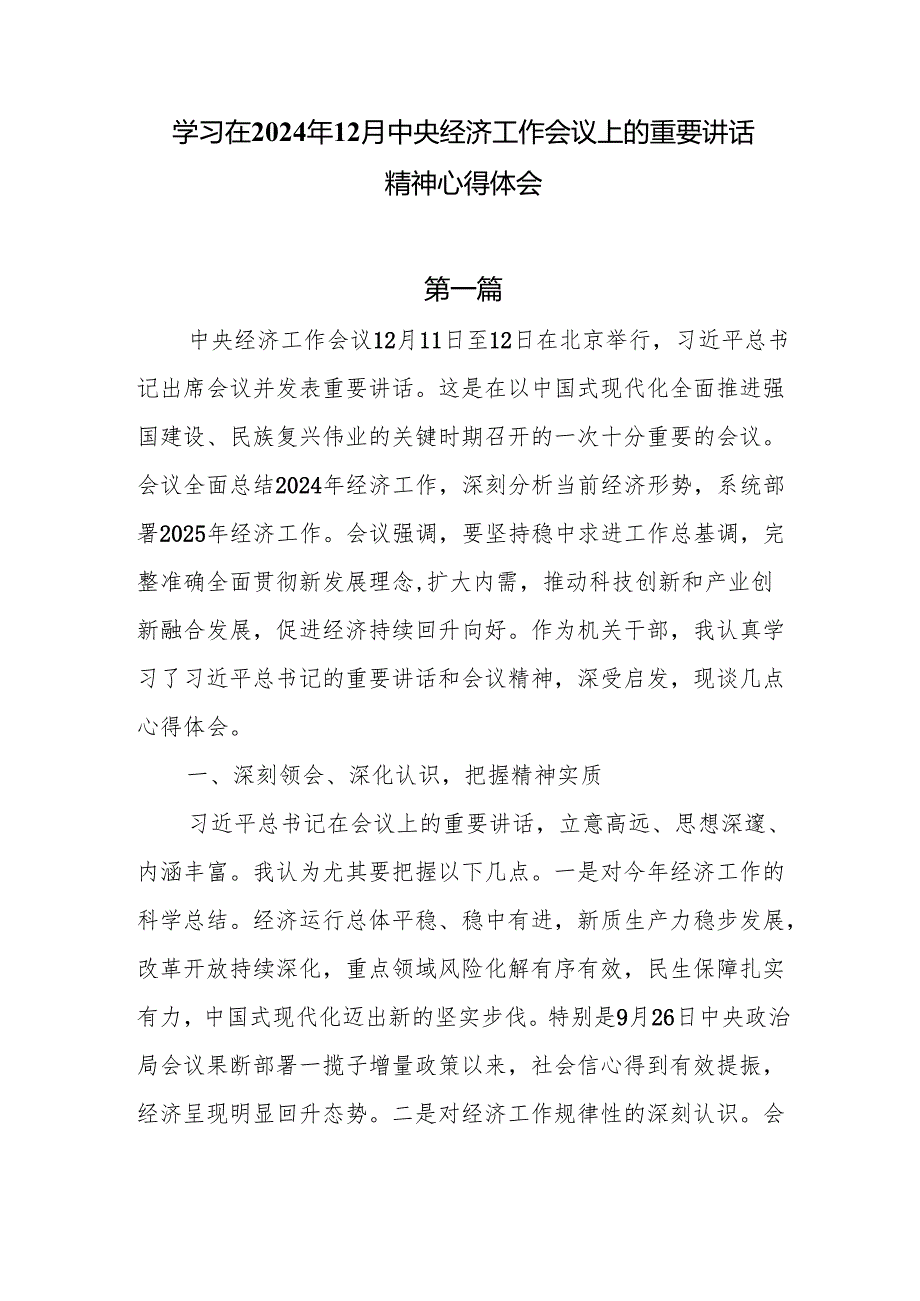 学习在2024年12月中央经济工作会议上的重要讲话精神心得体会6篇.docx_第1页