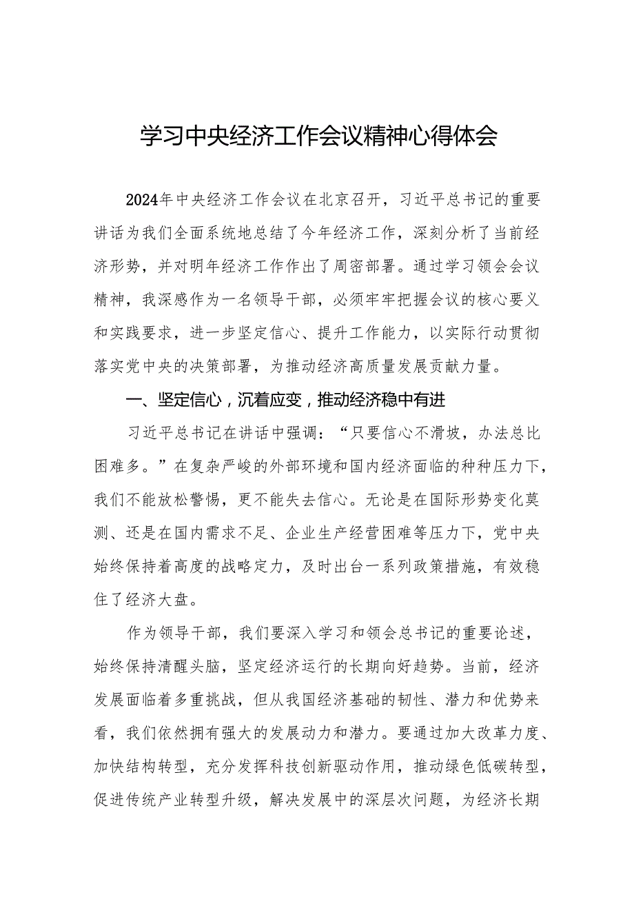 十二篇领导干部关于学习贯彻2024年中央经济工作会议精神心得体会.docx_第1页