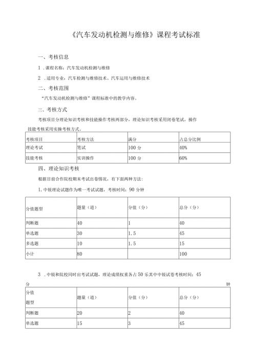 《汽车发动机检测与维修》课程考试标准.docx