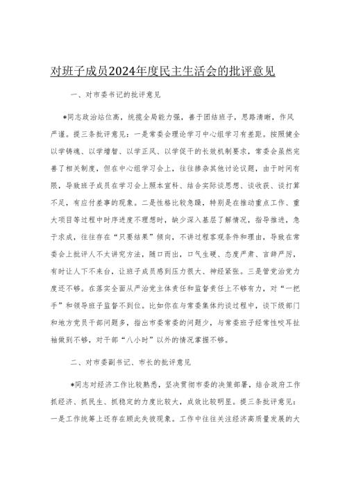对班子成员2024年度民主生活会的批评意见.docx