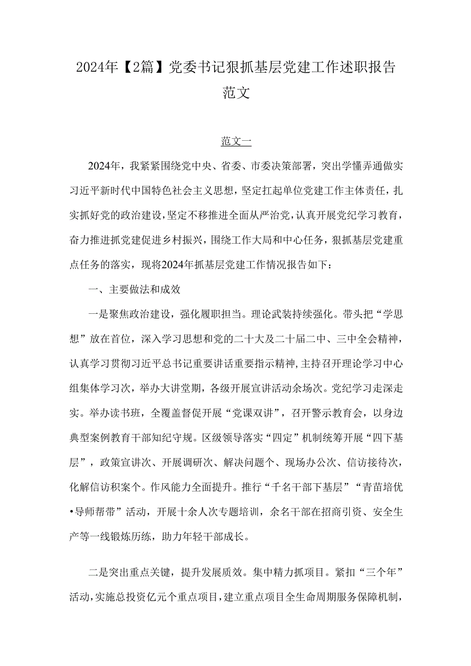 2024年【2篇】党委书记狠抓基层党建工作述职报告范文.docx_第1页