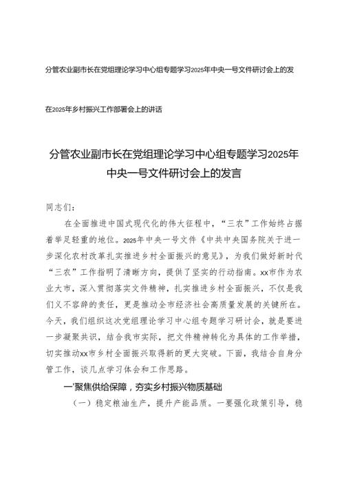 在党组理论学习中心组专题学习2025年中央一号文件研讨会上的发言+在2025年乡村振兴工作部署会上的讲话.docx