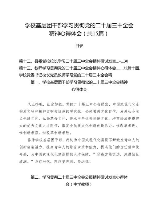学校基层团干部学习贯彻党的二十三中全会精神心得体会15篇（最新版）.docx