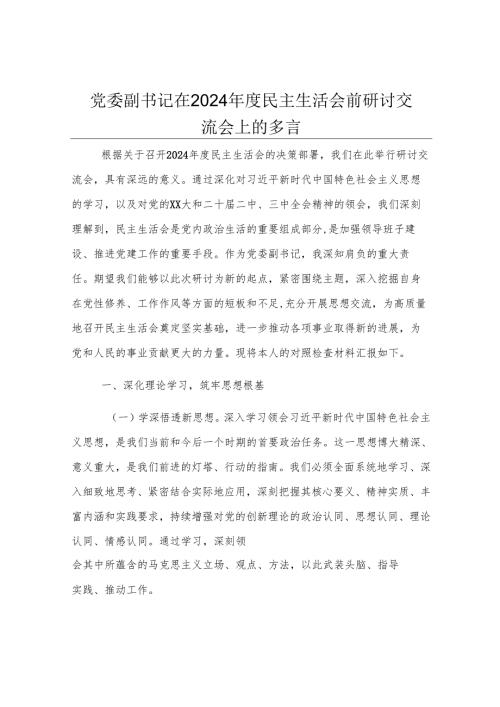 党委副书记在2024年度民主生活会前研讨交流会上的发言.docx