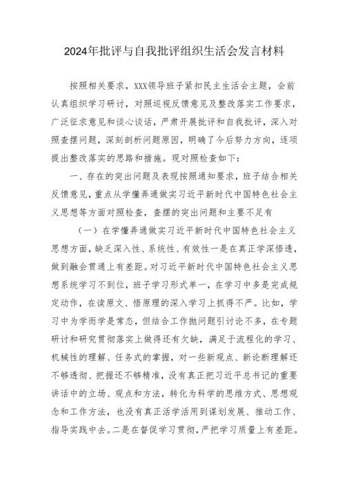 2024年批评与自我批评组织生活会发言材料25.docx