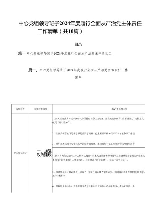 中心党组领导班子2024履行全面从严治党主体责任工作清单10篇（详细版）.docx