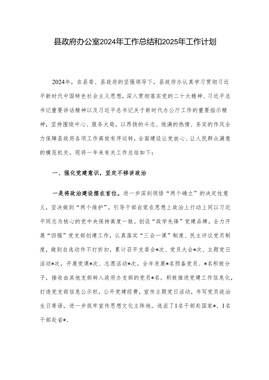 县政府办公室2024年工作总结和2025年工作计划.docx_第1页