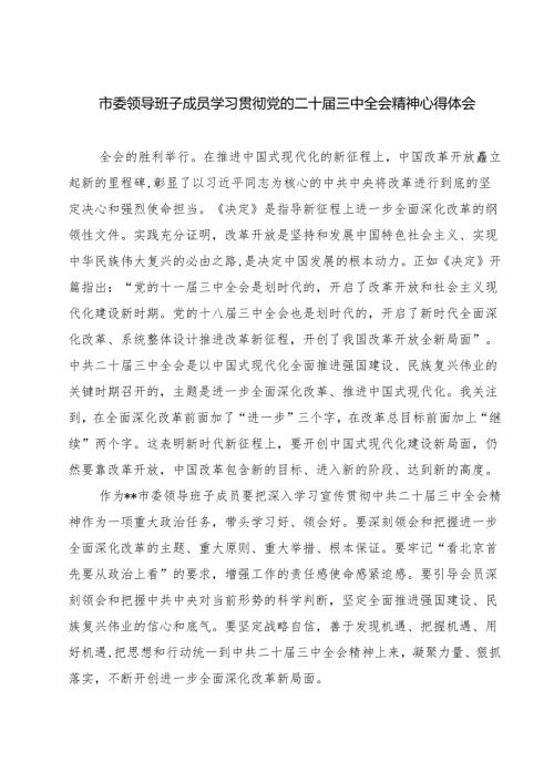 市委领导班子成员学习贯彻党的二十三中全会精神心得体会（共七篇）.docx