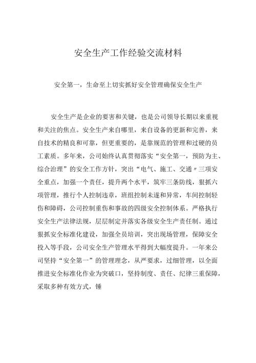 【发言材料】XX公司安全生产工作经验交流材料.docx