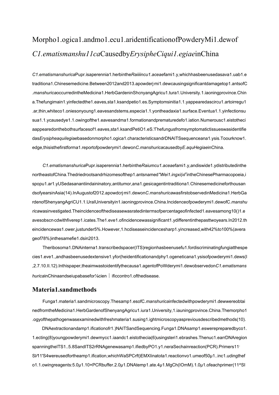 Morphological and molecular identification of Powdery Mildew of Clematis manshurica CausedErysiphe aquilegiae in China.docx_第1页