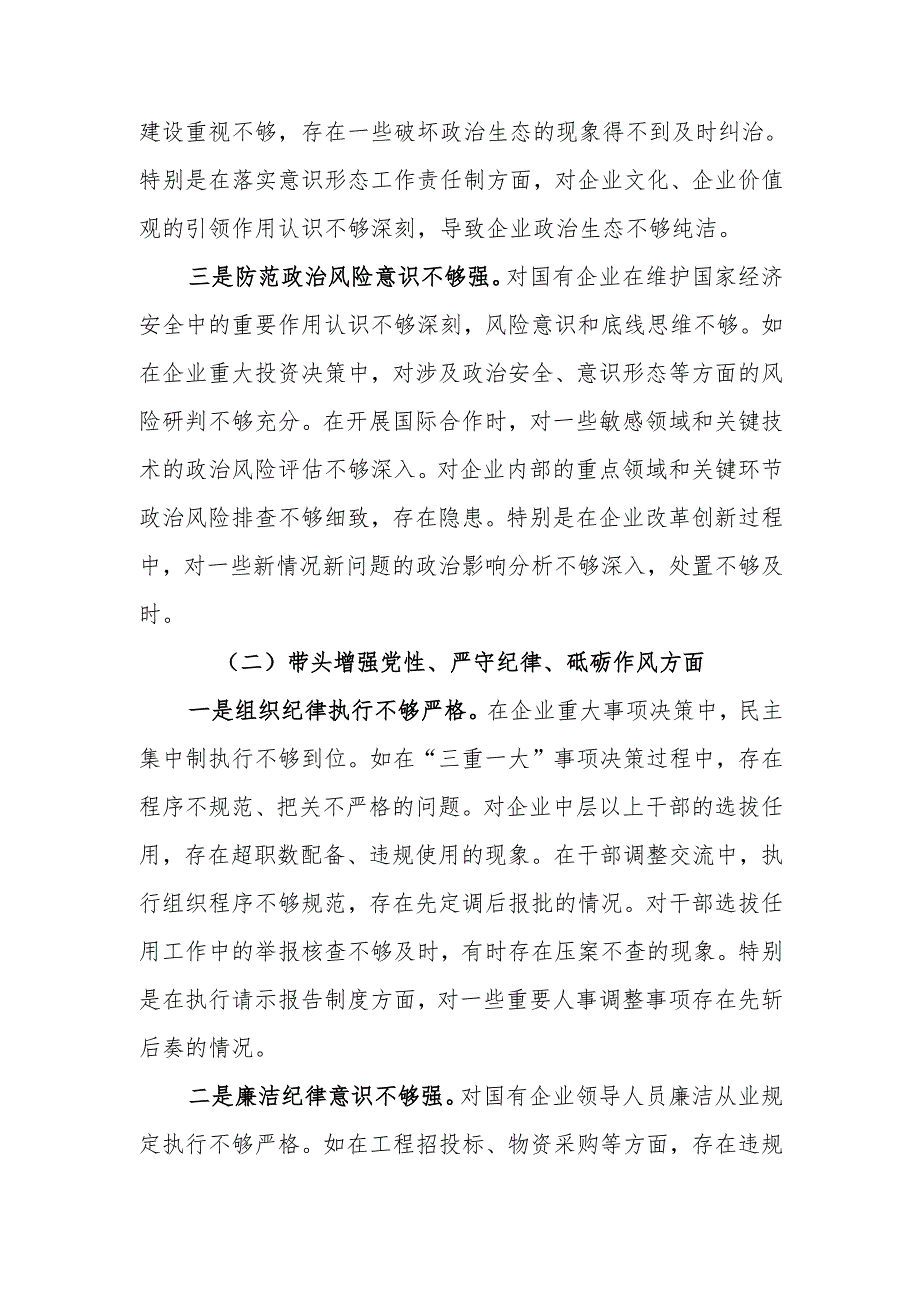 国企党委书记2024民主生活个人四个带头检查材料范文两篇.docx_第2页