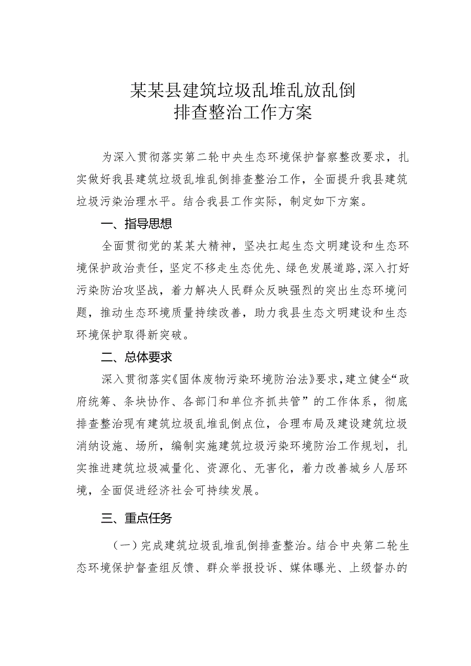 某某县建筑垃圾乱堆乱放乱倒排查整治工作方案.docx_第1页