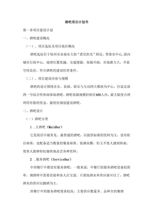 钦州酒吧项目计划书.docx