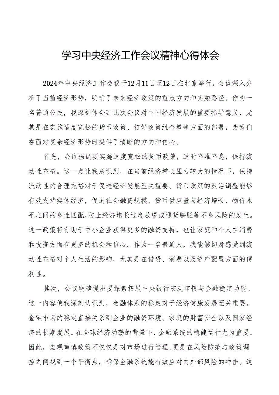 2024年学习贯彻中央经济工作会议精神心得体会发言稿十篇.docx_第1页