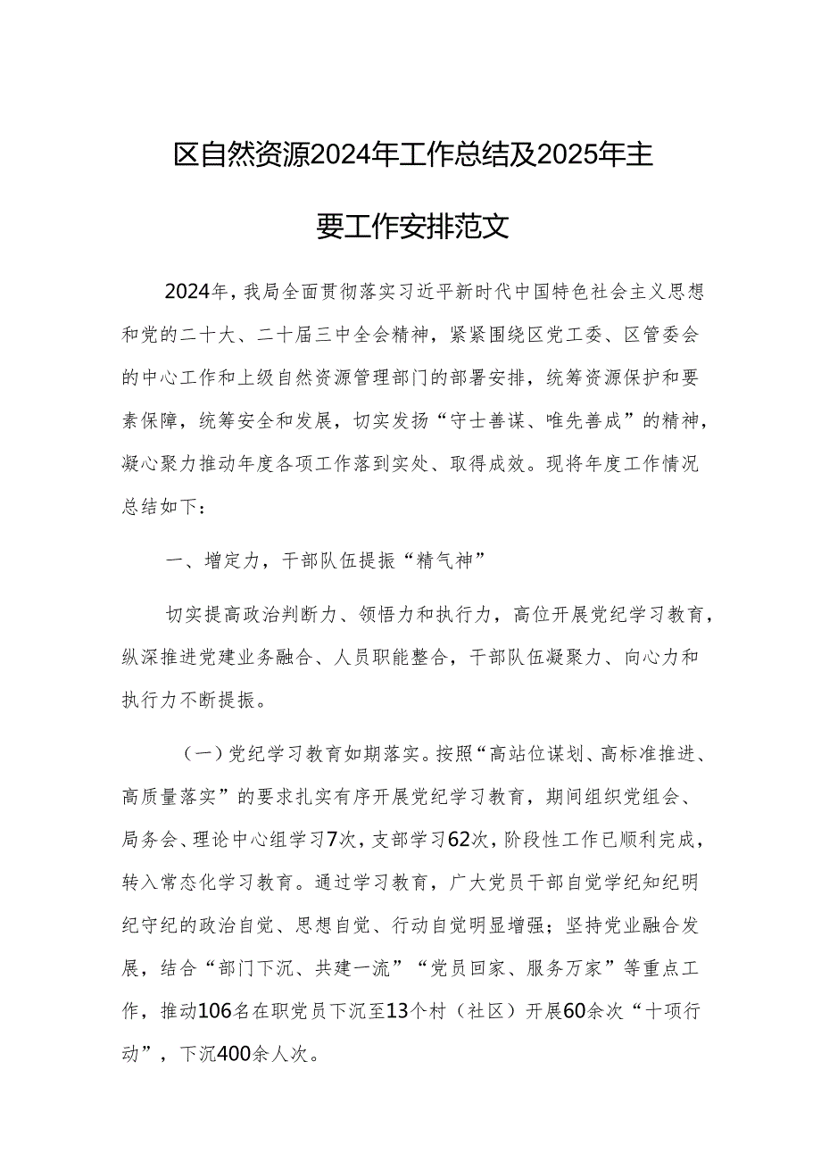 区自然资源2024年工作总结及2025年主要工作安排范文.docx_第1页