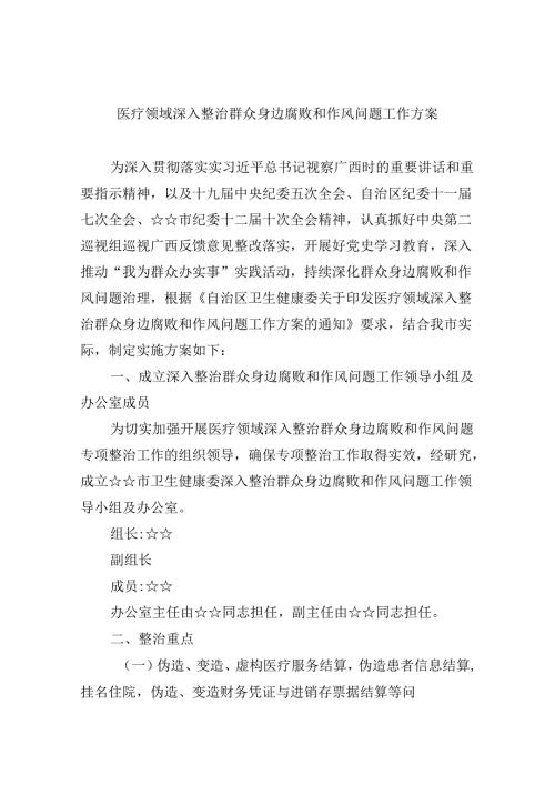 （11篇）医疗领域深入整治群众身边腐败和作风问题工作方案范文精选.docx