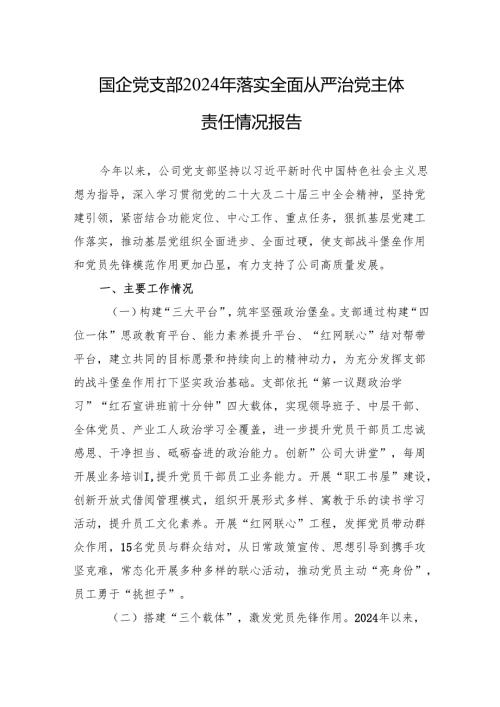 2024党支部落实全面从严治党主体责任情况工作情况总结汇报六篇.docx