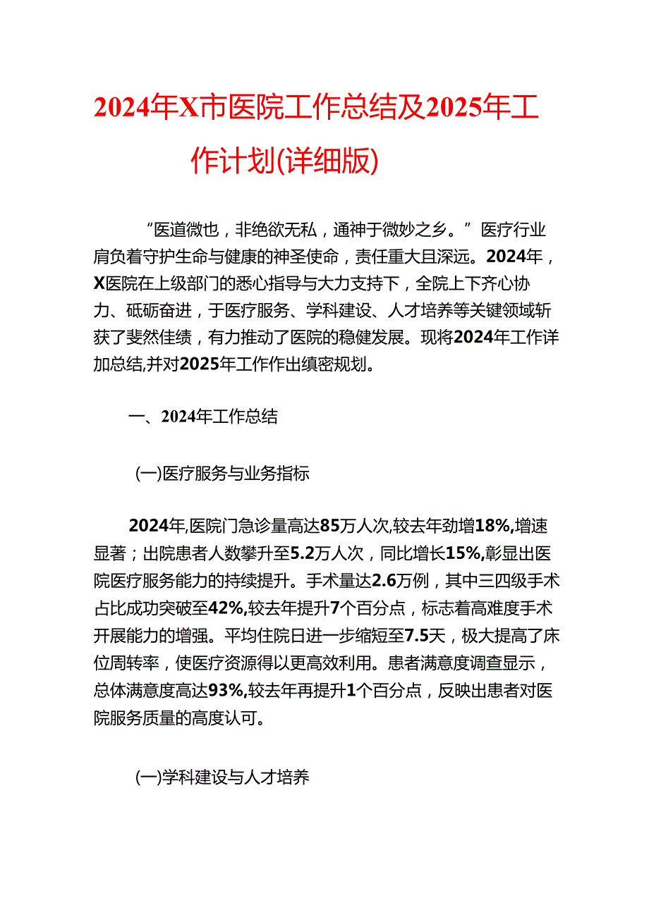 2024年X市医院工作总结及2025年工作计划（详细版）.docx_第1页