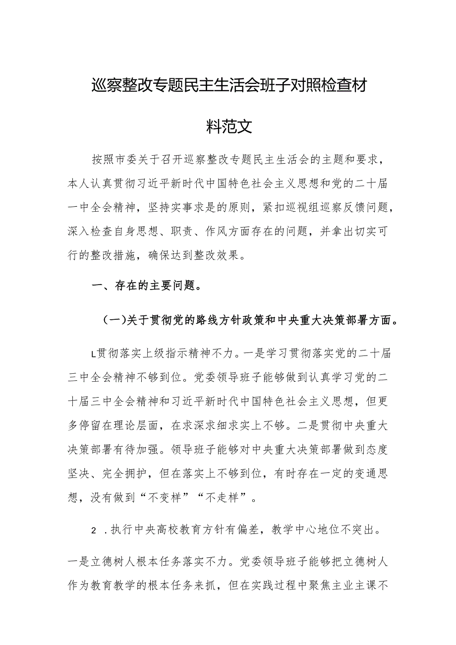 巡察整改专题民主生活会班子对照检查材料范文.docx_第1页