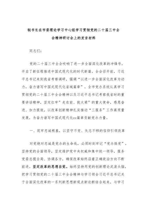 秘书长在市委理论学习中心组学习贯彻党的二十三中全会精神研讨会上的发言材料.docx