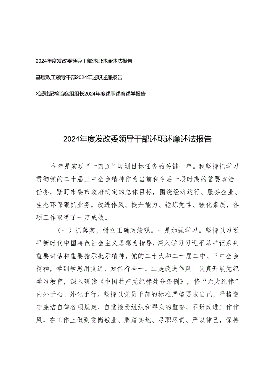 2024基层政工领导干部、发改委领导干部述职述廉报告.docx_第1页