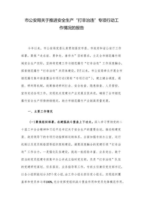 市公安局关于推进安全生产“打非治违”专项行动工作情况的报告.docx