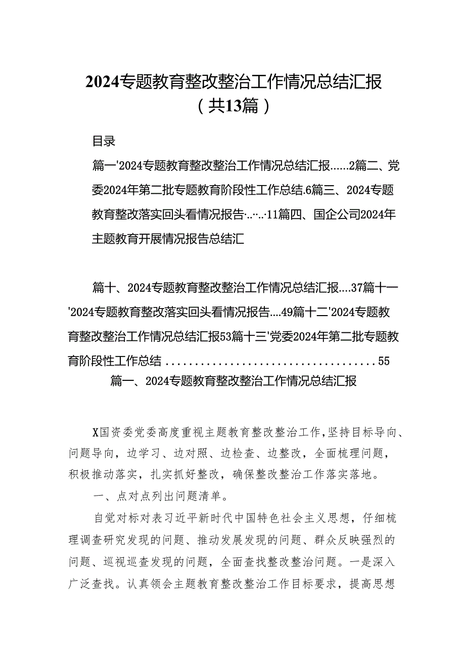 专题教育整改整治工作情况总结汇报13篇（完整版）.docx_第1页