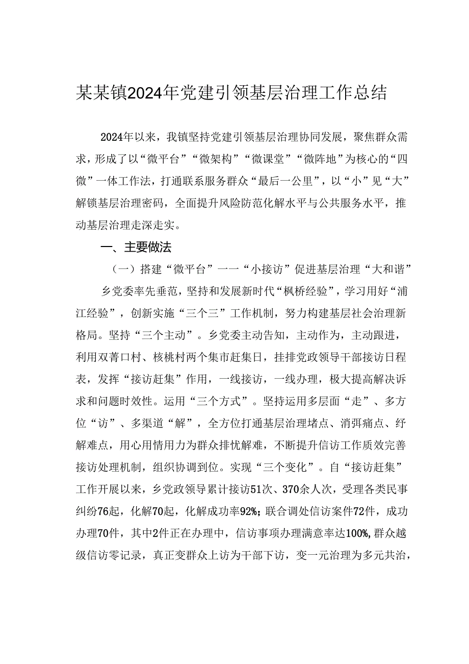 某某镇2024年党建引领基层治理工作总结.docx_第1页