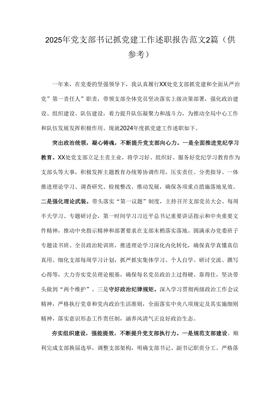 2025年党支部书记抓党建工作述职报告范文2篇（供参考）.docx_第1页