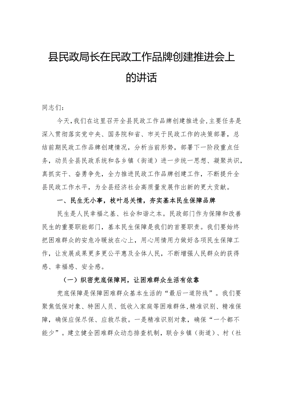 县民政局长在民政工作品牌创建推进会上的讲话.docx_第1页