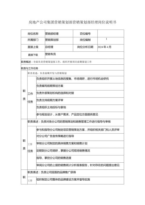房地产公司集团营销策划部营销策划部经理岗位说明书.docx