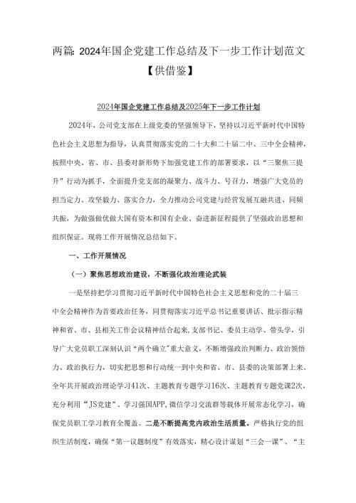 两篇：2024年国企党建工作总结及下一步工作计划范文【供借鉴】.docx