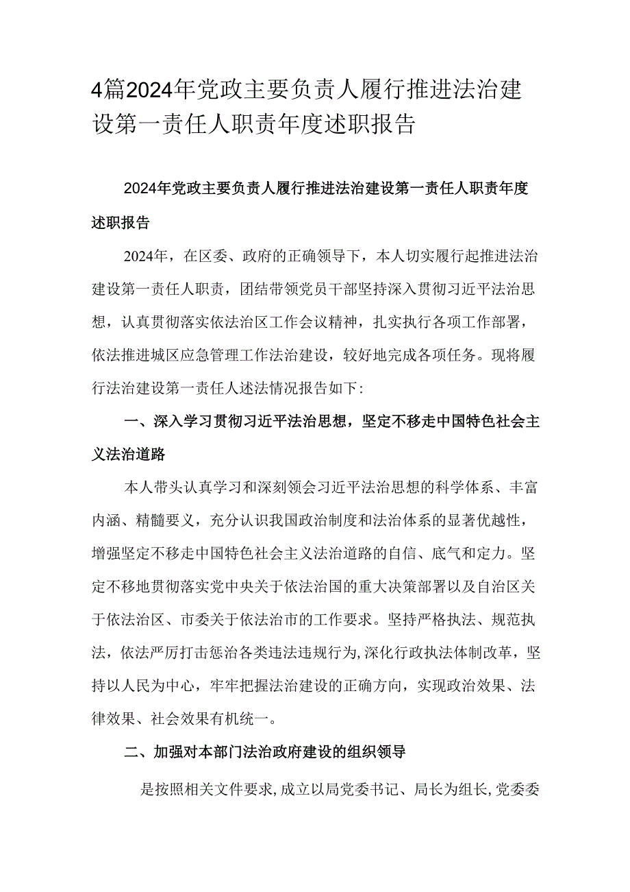 4篇2024年党政主要负责人履行推进法治建设第一责任人职责述职报告.docx_第1页