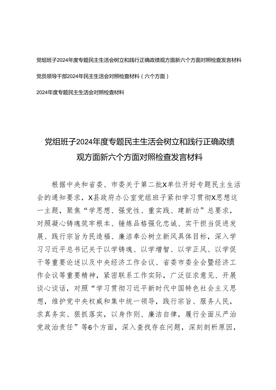 党组班子2024专题民主生活会树立和践行正确政绩观方面新六个方面对照检查发言材料+党员领导干部2024年民主生活会对照检查材料（六个方面）.docx_第1页