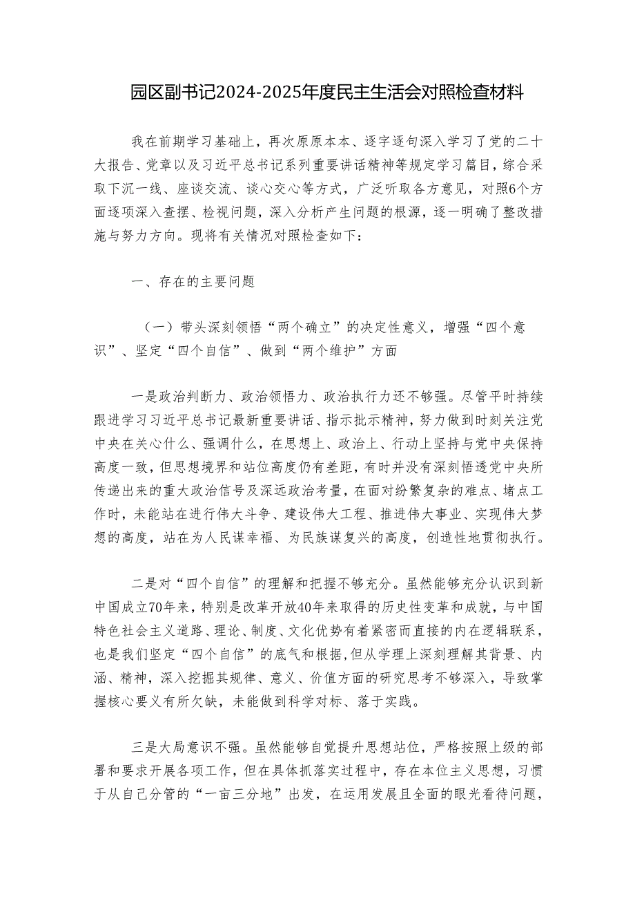 园区副书记20242025民主生活会对照检查材料.docx_第1页
