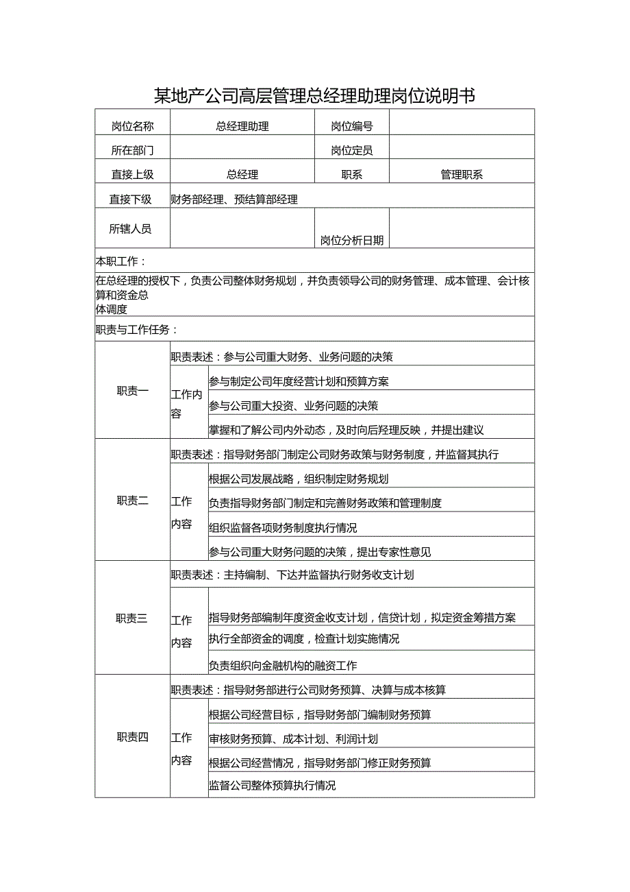 某地产公司高层管理总经理助理岗位说明书.docx_第1页