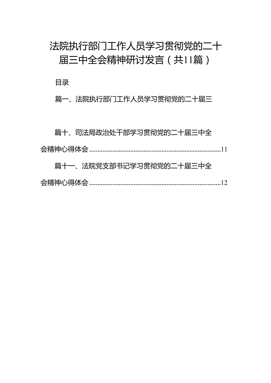 （11篇）法院执行部门工作人员学习贯彻党的二十三中全会精神研讨发言（详细版）.docx_第1页
