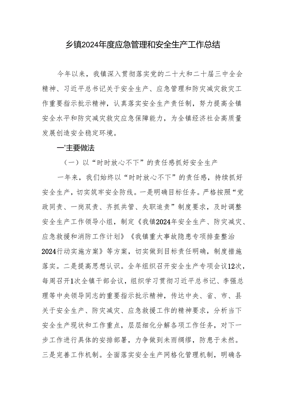 2024乡镇应急管理和安全生产工作总结.docx_第1页