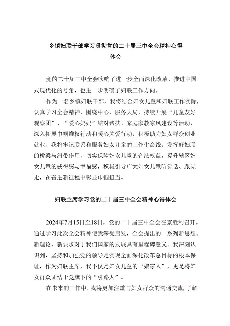 乡镇妇联干部学习贯彻党的二十三中全会精神心得体会8篇（最新版）.docx_第1页