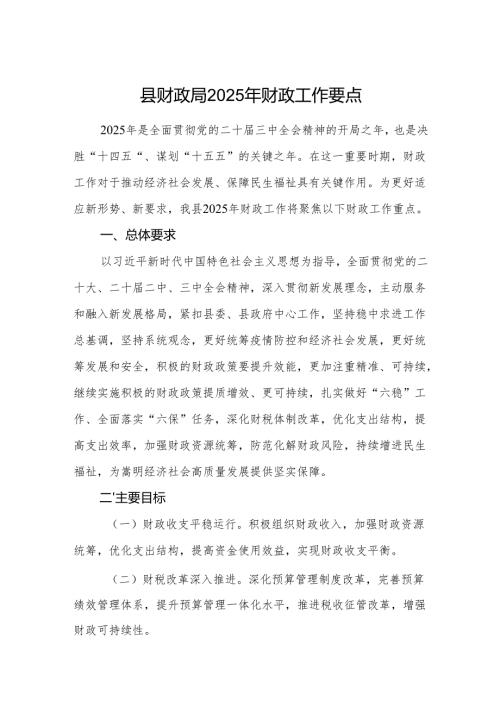 财政部门2025年财政工作要点范文.docx