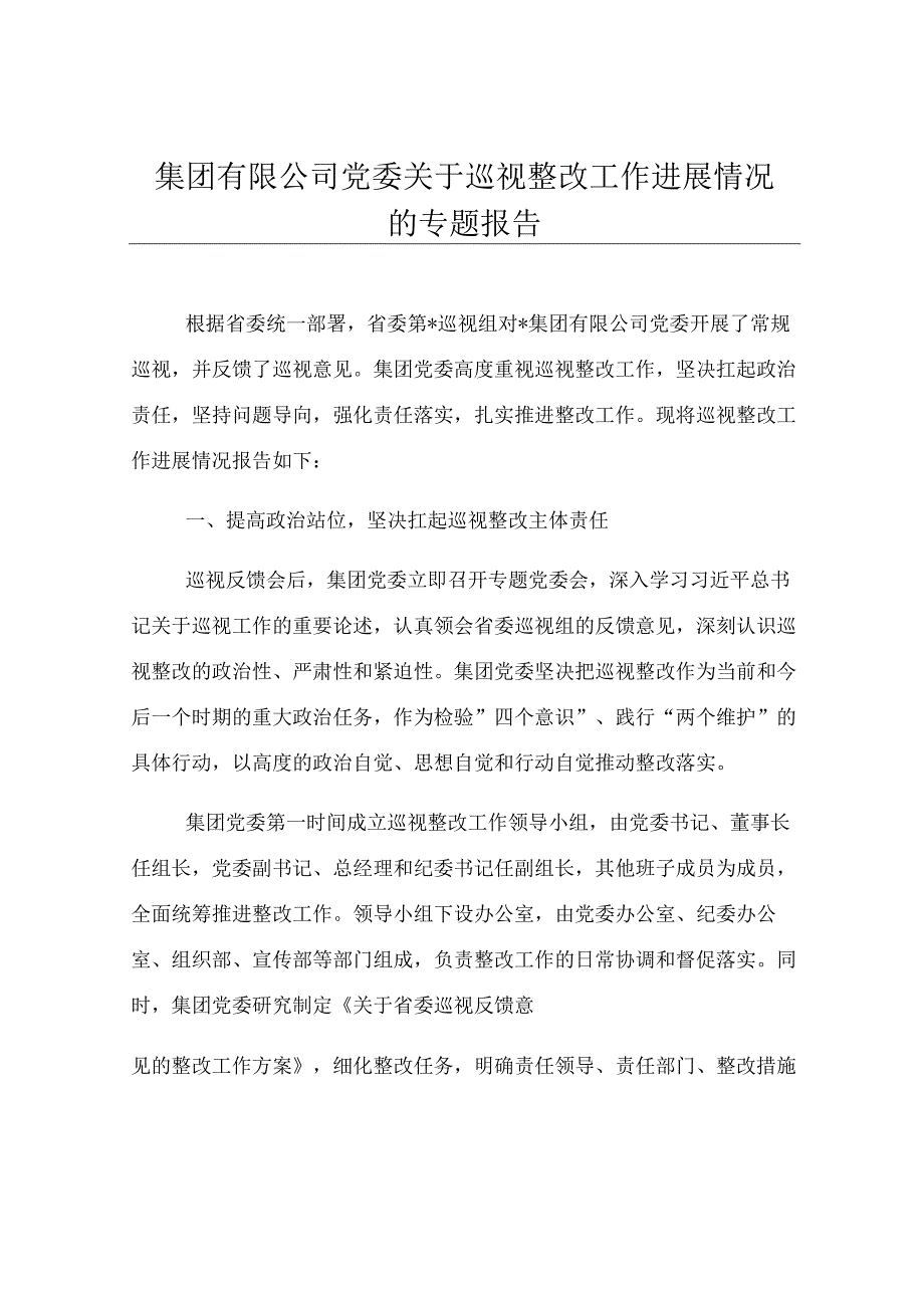 集团有限公司党委关于巡视整改工作进展情况的专题报告.docx_第1页