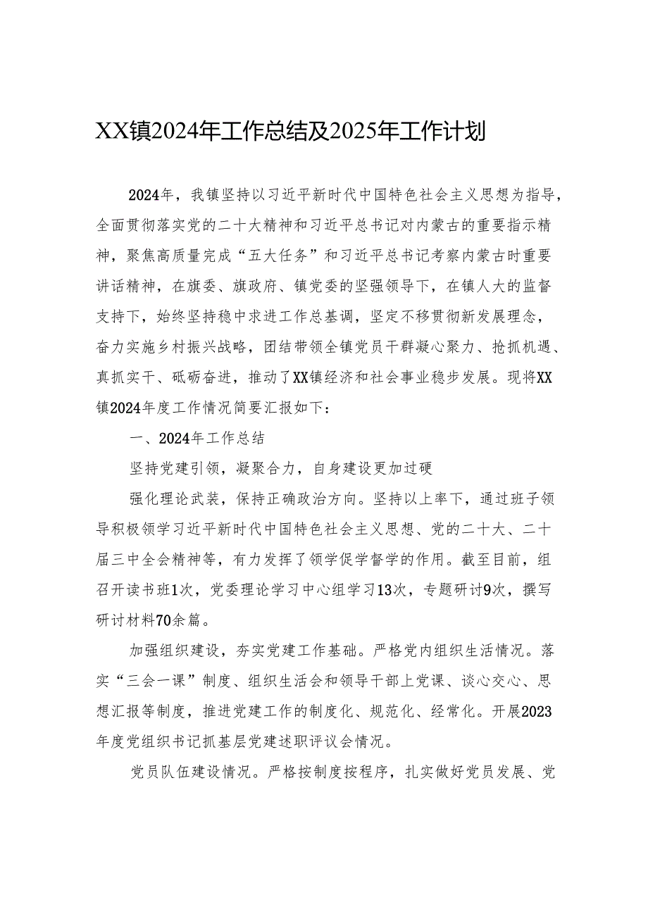 XX镇2024年工作总结及2025年工作计划(20241030).docx_第1页